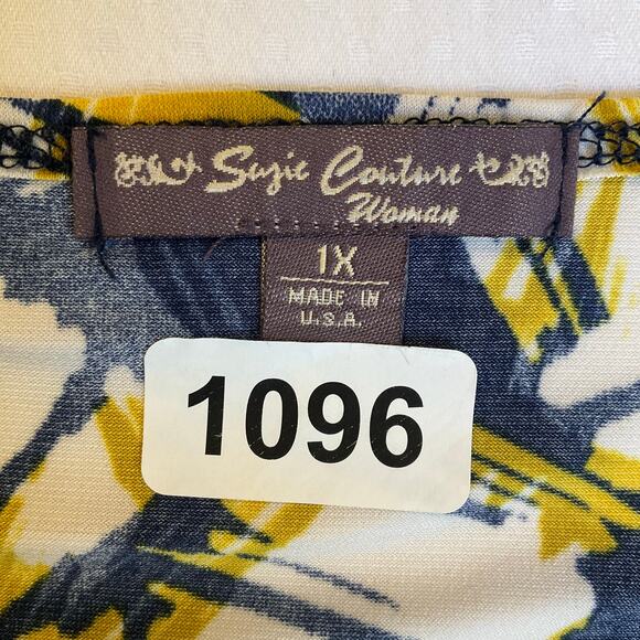 Sofie Couture Woman Blouse size 1X Yellow & Blue Stretch V-neck Short Sleeve - Picture 6 of 9